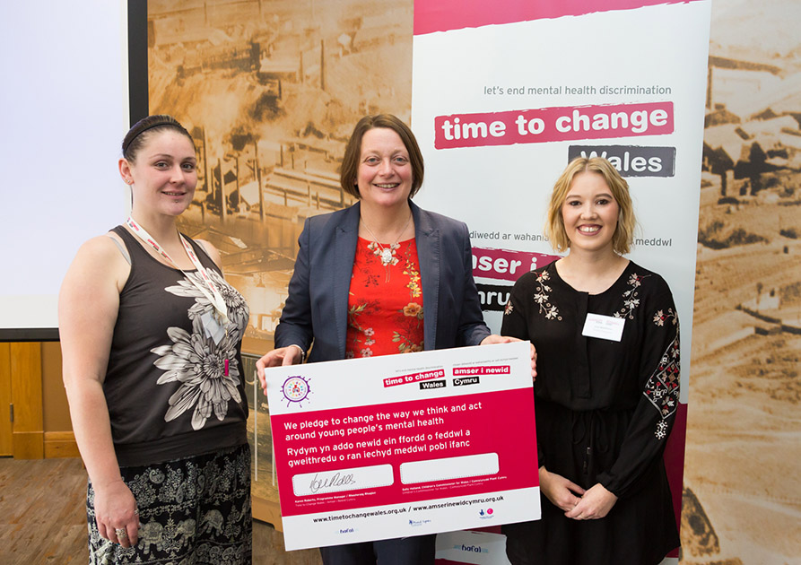 The Children's Commissioner for Wales with Time to Change Wales young champions Jess Matthews and Izzy Stevenson